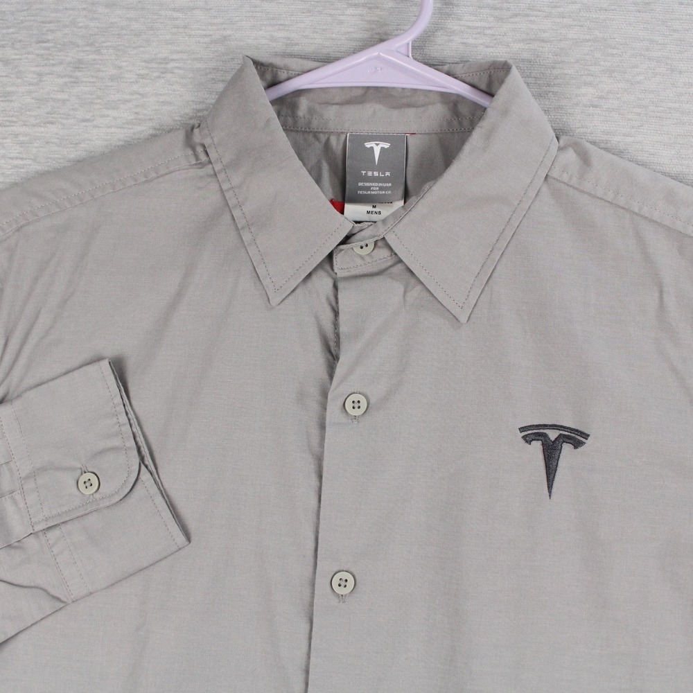 Tesla Long Sleeve Shirt Mens M Gray Button Up Logo Cotton Polyester Stretch